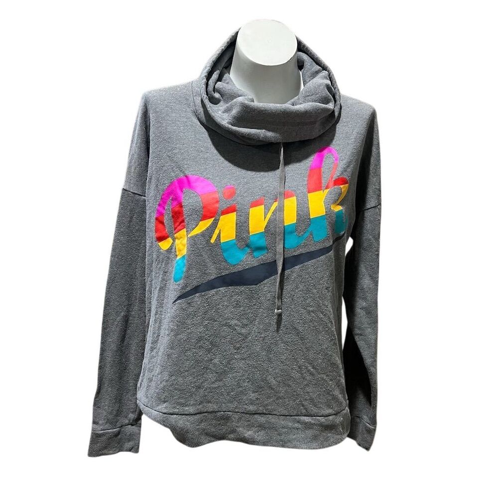 Victoria's Secret PINK Women's M Gray Cowl Neck Hoodie Rainbow Logo - Picture 3 of 10